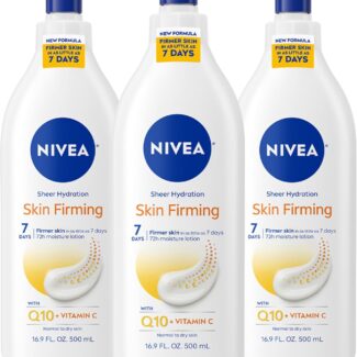 NIVEA Sheer Hydration Skin Firming Body Lotion with Q10 and Vitamin C, 72-Hour Body Moisturizer for Normal to Dry Skin, 16.9 Fl Oz Pump Bottle, Pack of 3