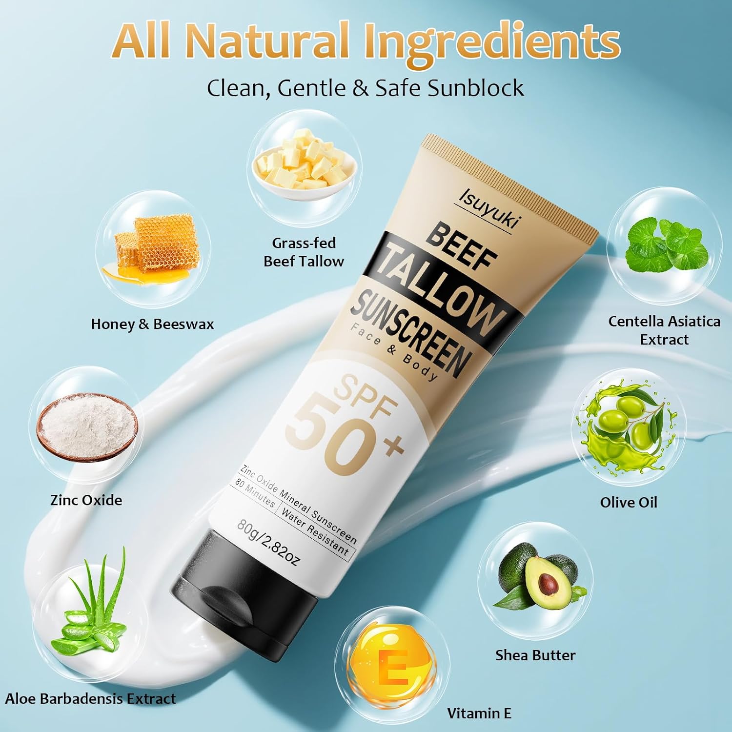 Mineral Sunscreen with Zinc Oxide SPF 50, Natural Beef Tallow Sunblock, 80G - Image 2