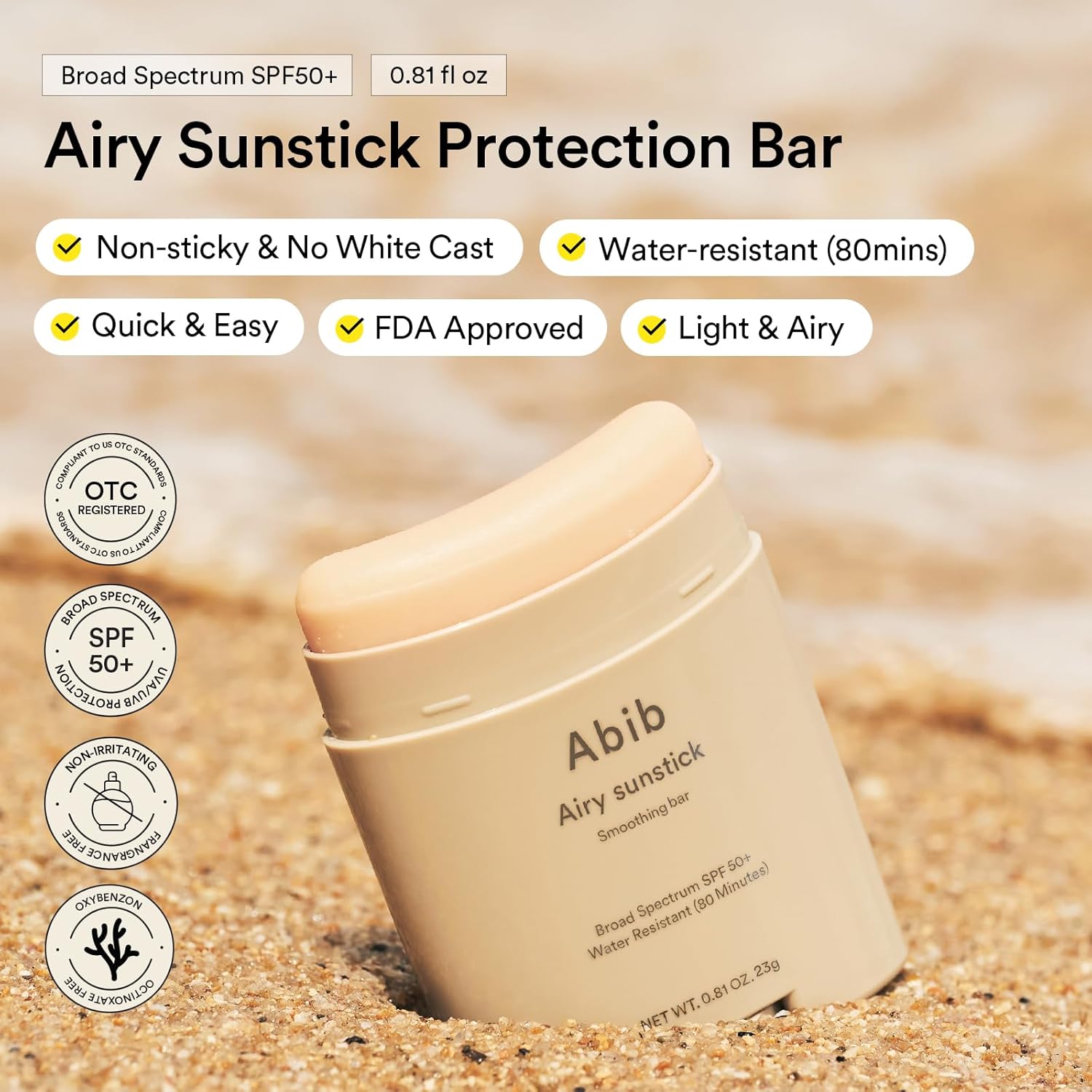 Abib Airy Sunstick Protection Bar SPF50+ Broad Spectrum, Semi-Matte Sunscreen Stick for Oily & Combination Skin - Image 2